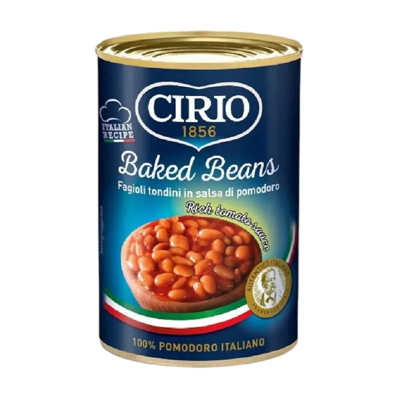 Cirio Baked Beans in a can, dry grocery product with white beans in tomato sauce, featuring the Cirio brand label on the can
