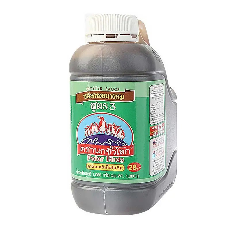 Polar Birds Oyster Sauce Recipe 3 1kg in a clear plastic bottle, ideal for Asian dishes and cooking, from the Polar Birds brand.