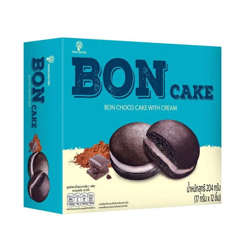 Bon Choco Cake with Cream snack pack, 17g x12, showing individually wrapped chocolate cake with cream filling in a colorful package.