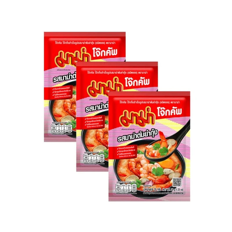 Mama Jok Cup Packets Tom Yum Kung flavor, dry grocery instant soup with spicy shrimp flavor, in a convenient cup packaging.