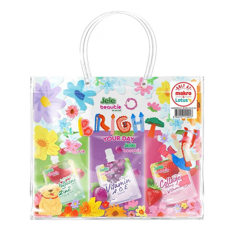 Jele Beautie Bright Your Day snacks confectionery box with nine 140g packs, featuring colorful packaging and sweet treat images.
