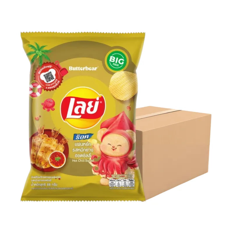 LAYS Rock HOT Chili Squid snack pack, spicy seafood-flavored snack in 69g packaging, shown in a 24-pack container.
