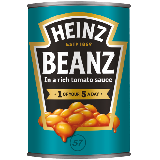 Heinz Baked Beans in Tomato Sauce in a can, ready for cooking or serving, with the Heinz brand logo visible.