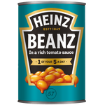 Heinz Baked Beans in Tomato Sauce in a can, ready for cooking or serving, with the Heinz brand logo visible.