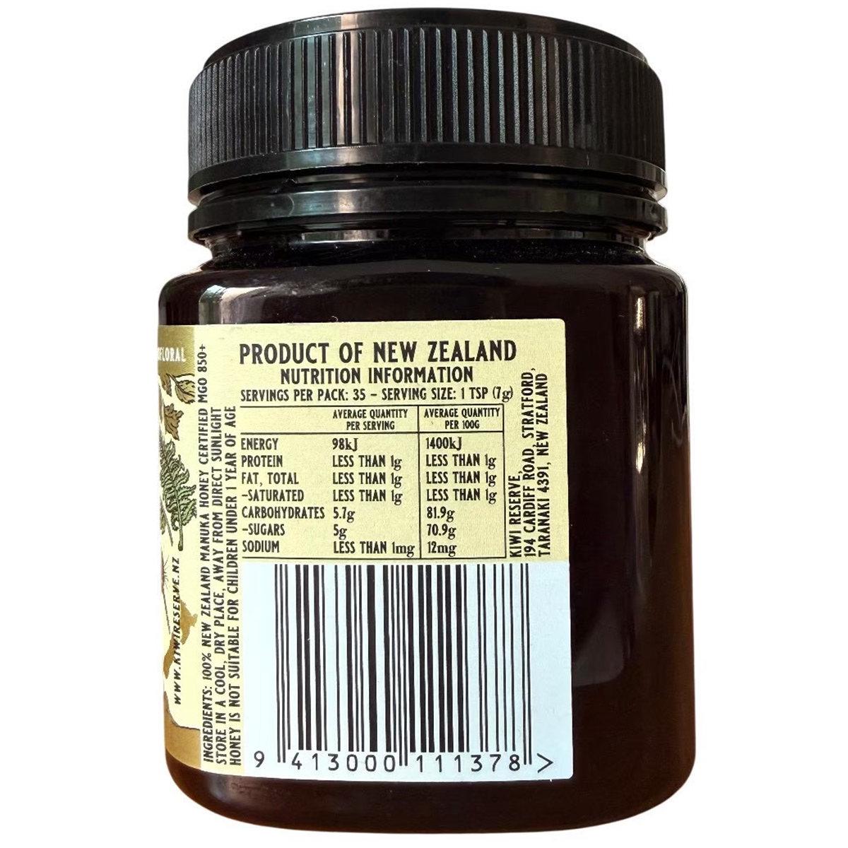 Jar of Kiwi Reserve NZ Monofloral Manuka Honey MGO 850+ with golden honey inside, labeled as grocery product.