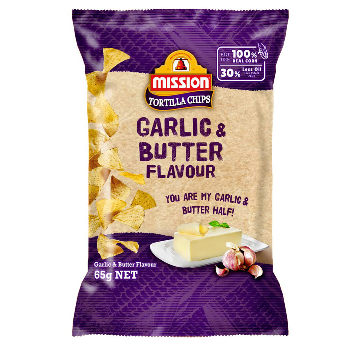 Mission Garlic & Butter Tortilla Chips, crispy snack with garlic and butter flavor, in a colorful bag.