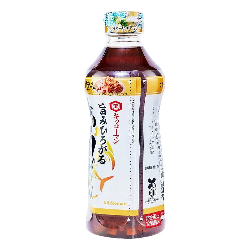 Kikkoman Hon Tsuyu Japanese soup base in 500ml bottle, used for soups, broths, and seasoning in dry grocery cooking.