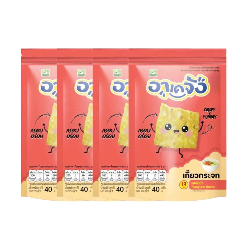 Akejang Crispy Glass Dumplings Tom Yum Flavor snack set, 40g, featuring transparent, crispy dumplings with spicy Tom Yum seasoning.