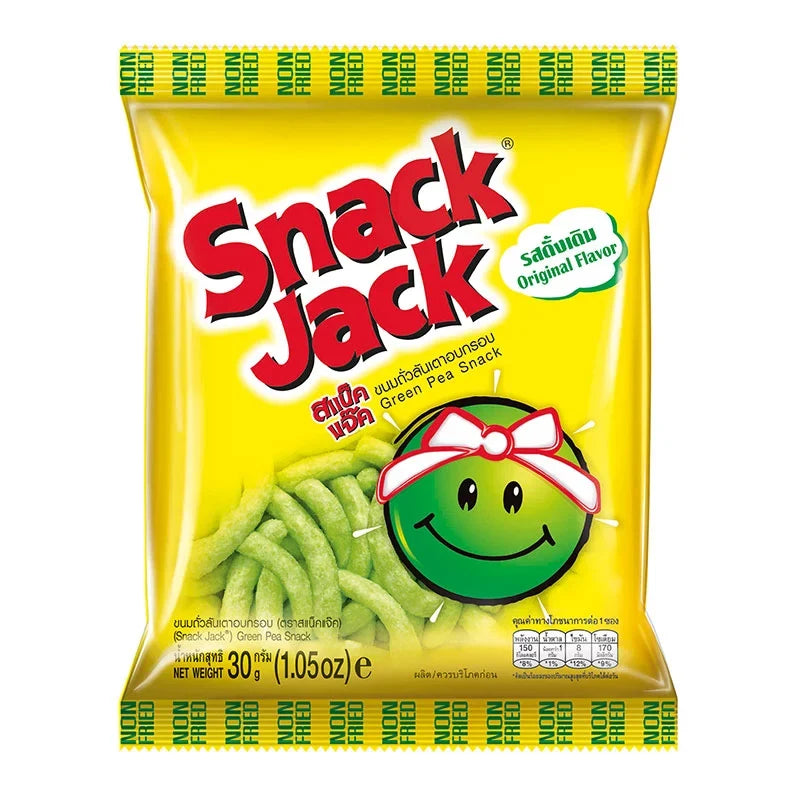 SNACK JACK Green Pea snack in 30g packs, six-pack of dry grocery snack with crunchy green pea chips.