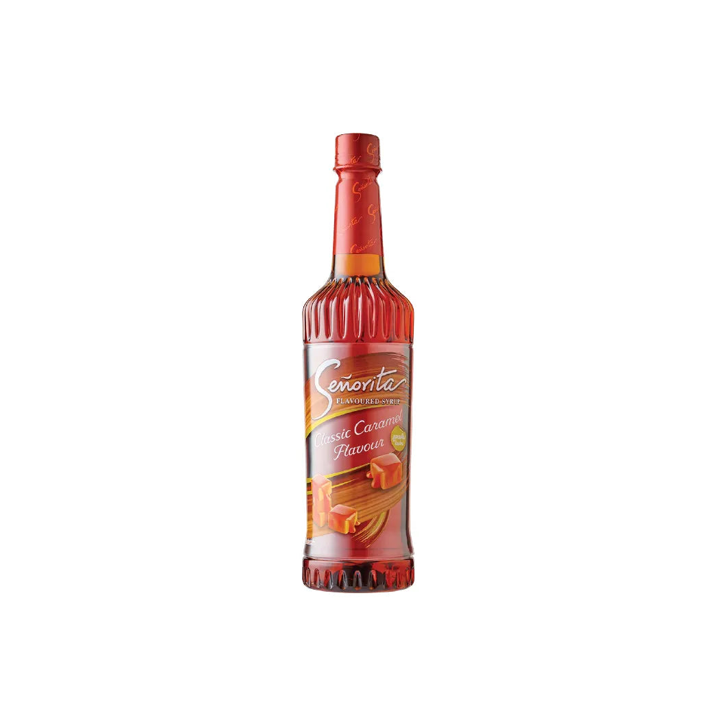 Senorita Classic Caramel Flavored Syrup 750ml bottle, ideal for desserts and beverages in dry grocery section.