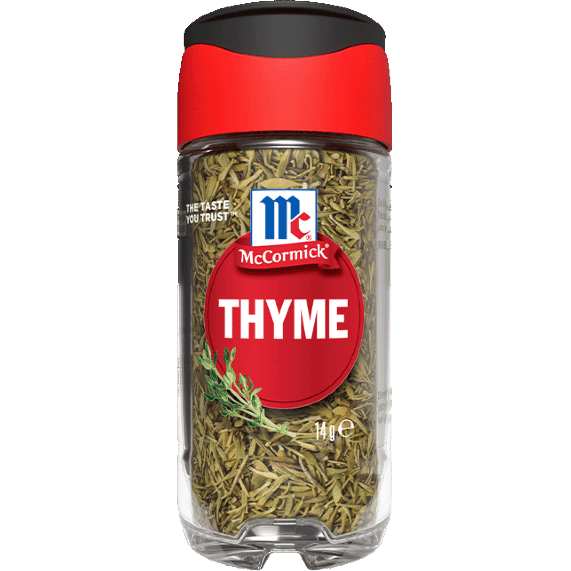 Fresh McCormick thyme leaves in a clear glass jar, showcasing green aromatic herb for cooking and seasoning.