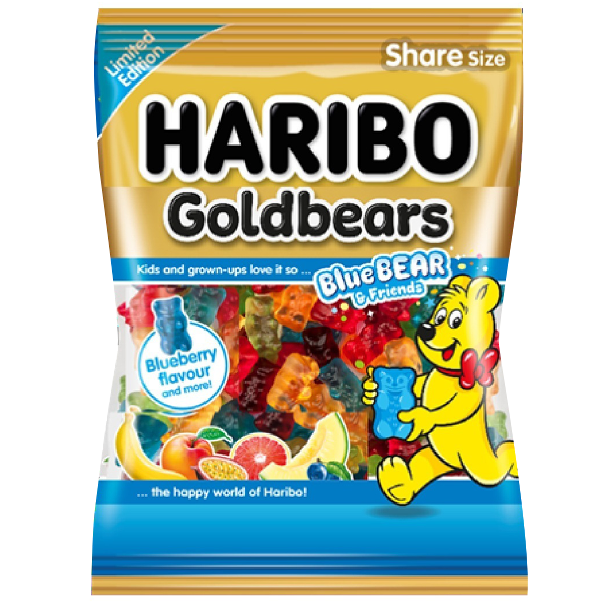 Colorful Haribo Gold Bears Blue Bear & Friends confectionery snacks featuring assorted gummy bears in bright colors and playful shapes.