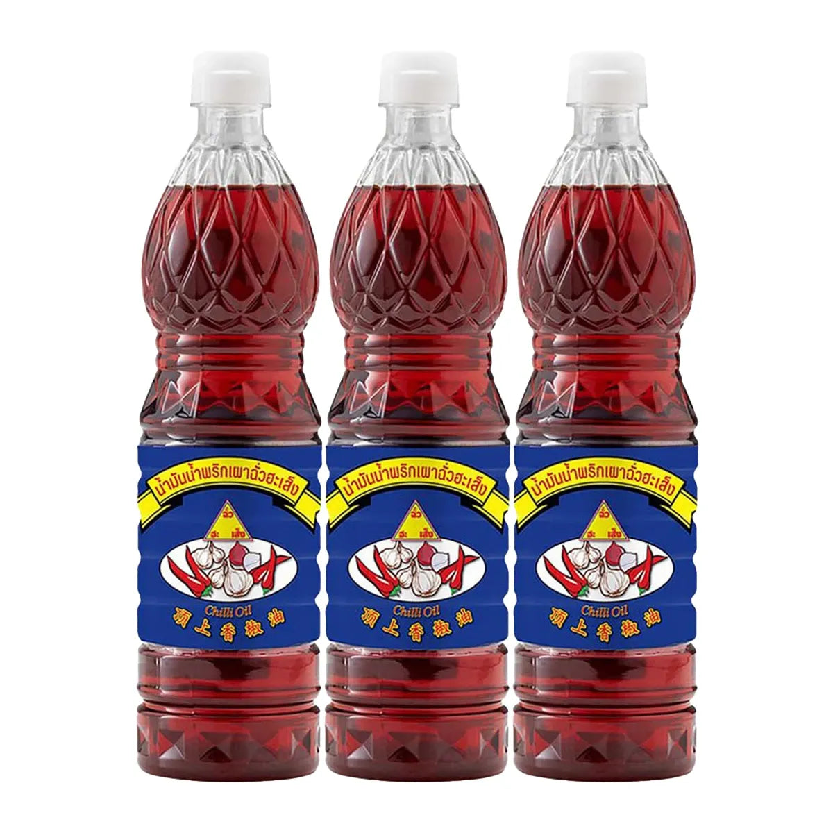 Chua Hah Seng Chili Paste Oil bottles in 720ml size, three-pack, featuring colorful labels and clear plastic bottles for dry grocery use.