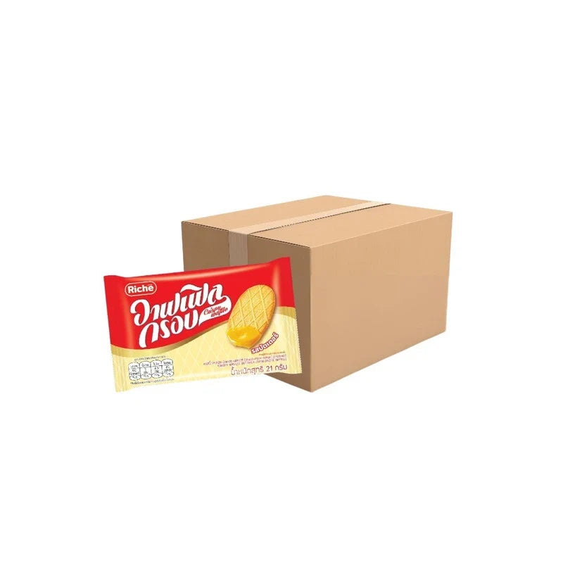 Riche crispy butter flavor waflle snacks in 21g packs, 12 pieces per box, ideal for dry grocery and snack enjoyment.
