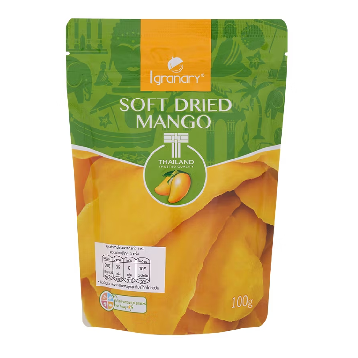 Igranary Soft Dried Mango, natural confectionery snack with bright orange dried mango pieces on a white background.