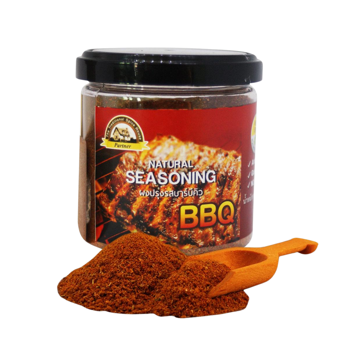 Partner Seasoning BBQ spice blend in a jar, ideal for grilling and barbecue dishes, with vibrant labels and seasoning visible.