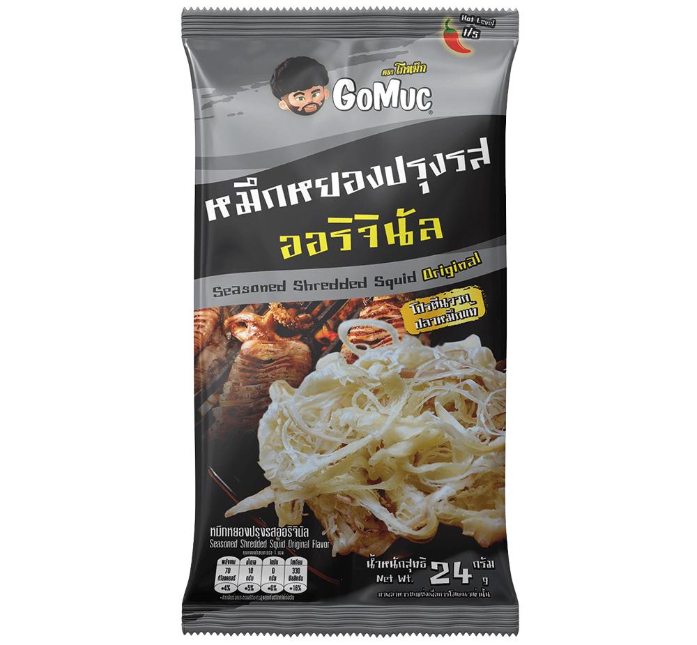 Gomuc Shredded Squid Original Flavor packaged snack, showing shredded squid pieces in a clear bag, ideal for seafood snack lovers.
