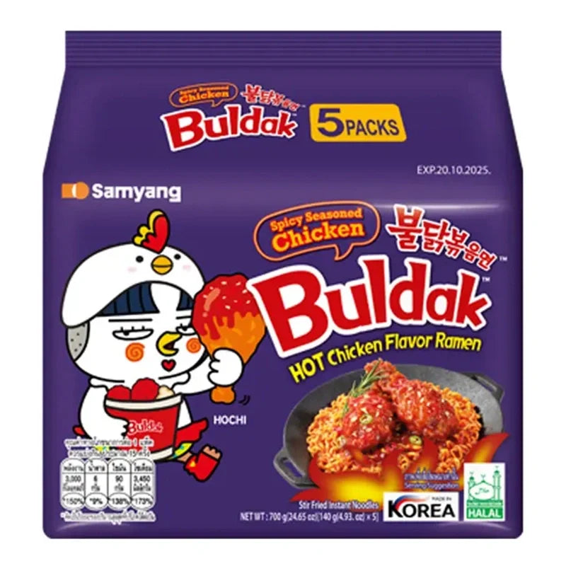 Samyang Spicy Seasoned Chicken Ramen 140g packs with dried noodles and seasoning packets, ready for quick spicy chicken ramen meal