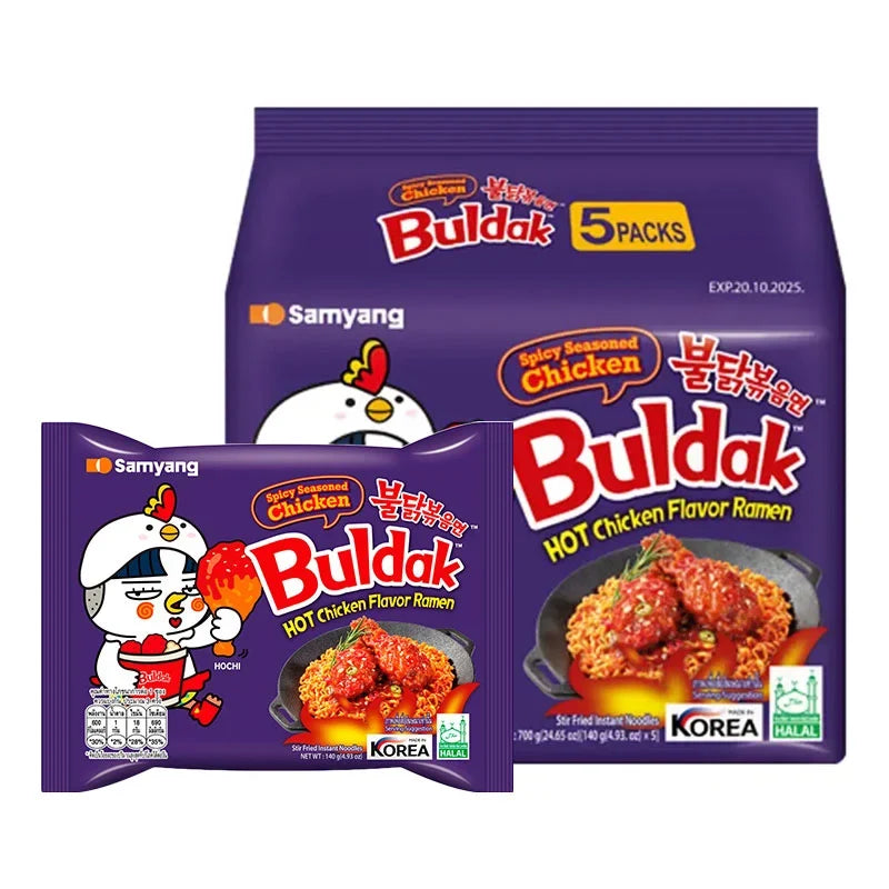 Samyang Spicy Seasoned Chicken Ramen pack of five 140g dry grocery noodles with spicy chicken flavor, in colorful packaging.
