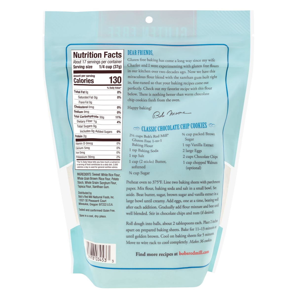 Bag of Bob's Red Mill gluten-free baking flour with label, showcasing healthy grocery product for gluten-free baking.
