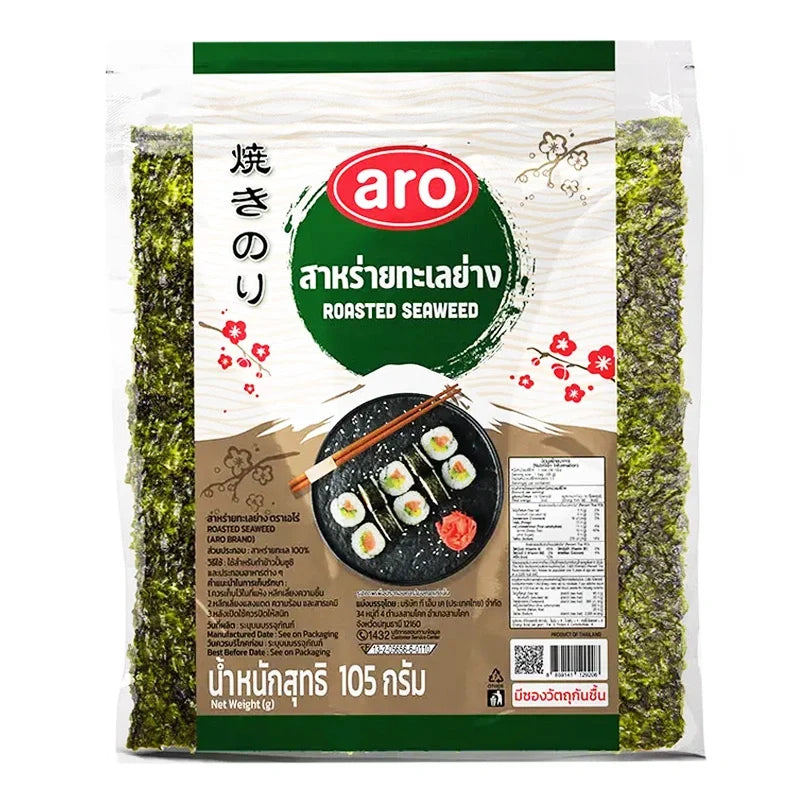 A package of ARO Roasted Seaweed snack, 105g, in a resealable bag, ideal for dry grocery and snack consumption.