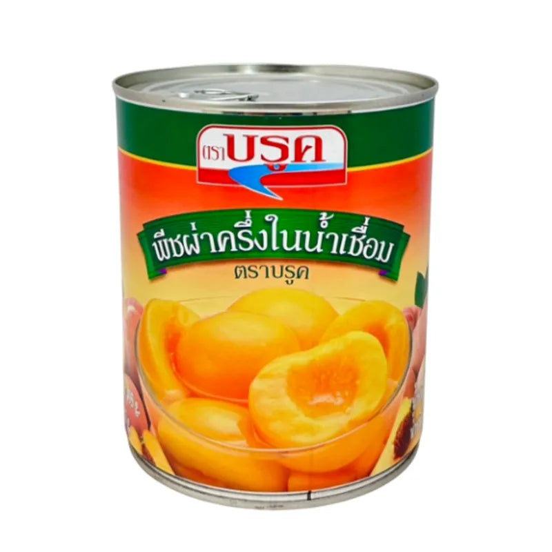 Cans of Brook Peaches in Syrup, 825g, dry grocery product, showing peaches in syrup with labels on the cans.