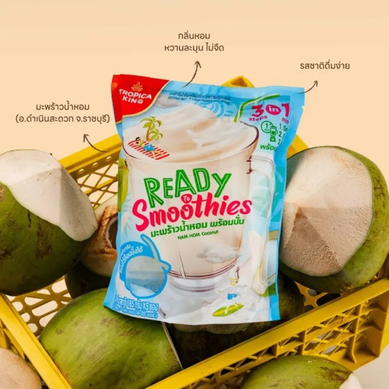 TROPICA KING aromatic coconut smoothie in a glass, showcasing the creamy, ready-to-blend dry grocery product with coconut and tropical flavors.