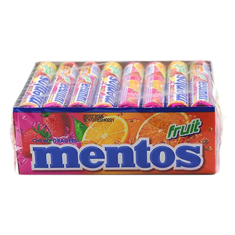 Mentos Soft Candy Fruit Flavour in 29.7g pack, chewy snack with colorful fruit-flavored candies from Mentos.