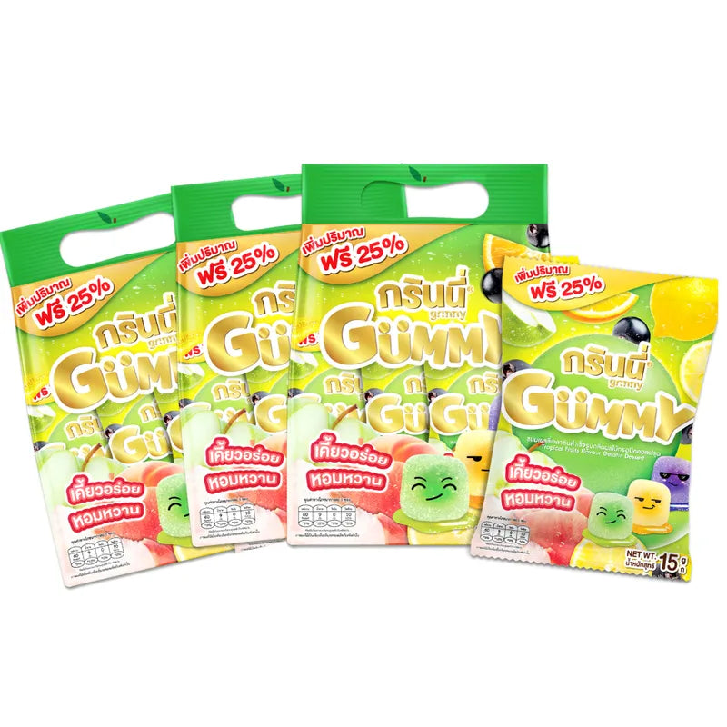 GRINNY Tropical Fruits Flavour Gelatin Dessert packets, dry snack, colorful packaging with tropical fruit illustrations, 15g x3.