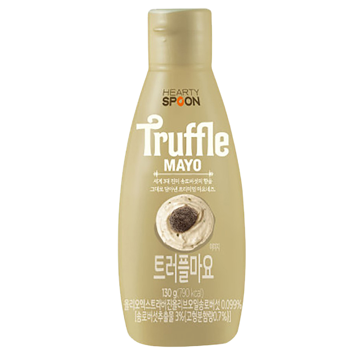 Hearty Spoon Truffle Mayo in a jar, creamy and rich, perfect for spreading or adding flavor to gourmet dishes.