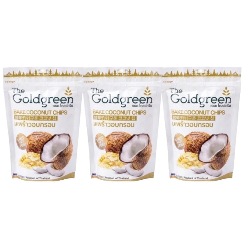 Golden crispy coconut bake chips from THE GOLDGREEN in 50g package, ideal for dry grocery snack or baking ingredient.