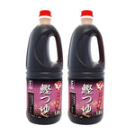 Futaba Dashi Katsuo Tsuyu Bonito Sauce bottles, 1.8L each, with dried bonito flakes, in clear plastic bottles, for Japanese cuisine.