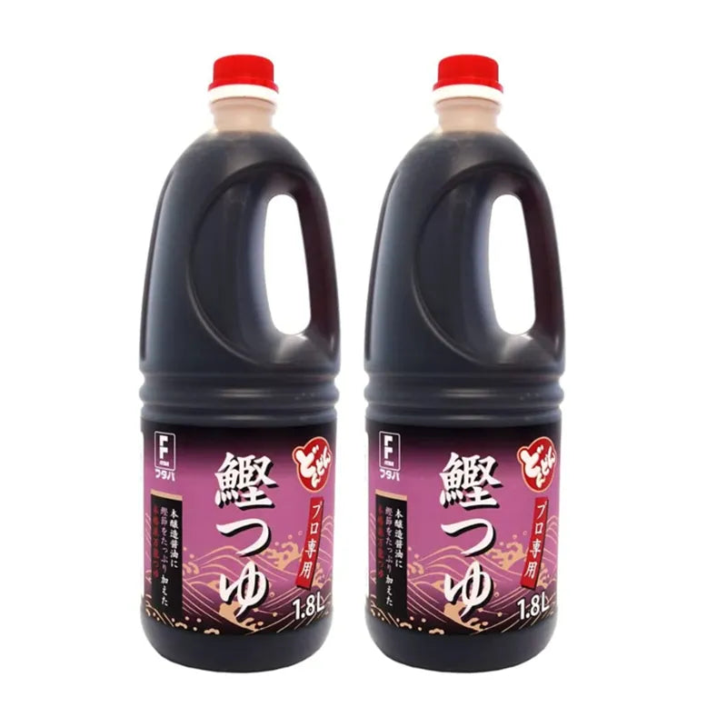 Futaba Dashi Katsuo Tsuyu Bonito Sauce bottles, 1.8L each, with dried bonito flakes, in clear plastic bottles, for Japanese cuisine.