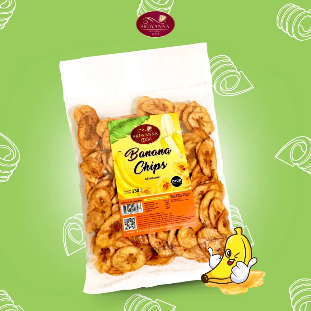 Sriwanna Gold Banana Chips in 130g package, crispy dried banana slices from SRIWANNA dry grocery product.