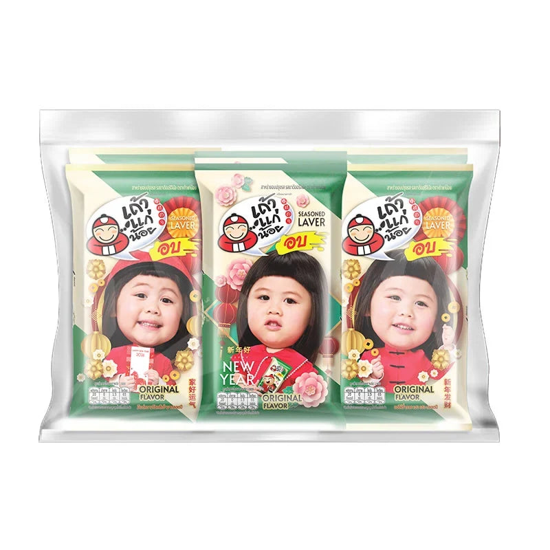 Pack of six Taokaenoi roasted seaweed snacks in 4g portions, crispy and seasoned, ideal for dry grocery snack selection.