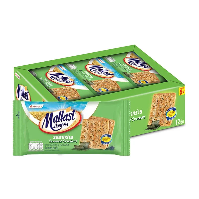 Malkist Seaweed Crackers in 28g package, crispy snack with seaweed flavor, perfect for dry grocery and snack lovers.