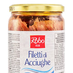 Canned Robo Anchovy in oil, 680g, showing golden anchovies packed in a glass jar with oil, suitable for cooking or garnishing.
