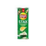 Lays Stax Sour Cream & Onion snack pack, 100g x16, crispy potato crisps with sour cream and onion flavor in colorful packaging.
