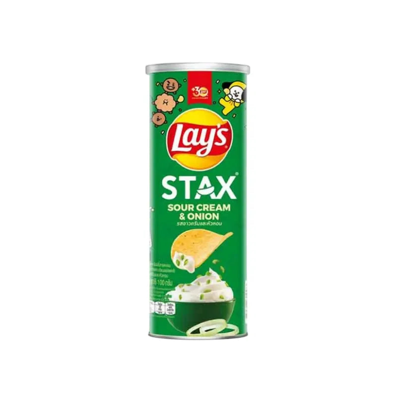 Lays Stax Sour Cream & Onion snack pack, 100g x16, crispy potato crisps with sour cream and onion flavor in colorful packaging.