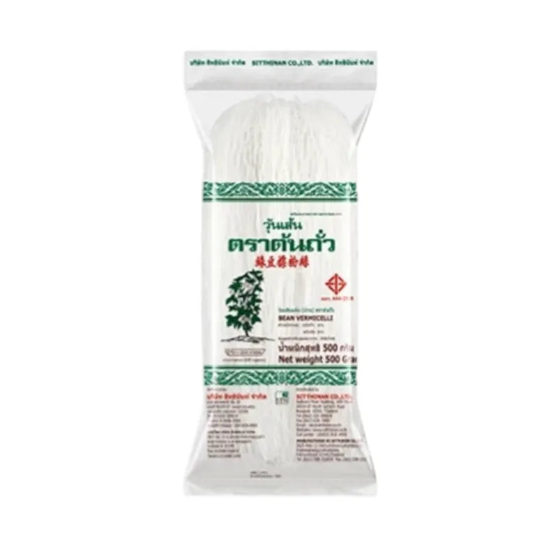 Dry Tonson Bean Vermicelli noodles in a clear package, showcasing the thin, white bean vermicelli strands for cooking or recipes.