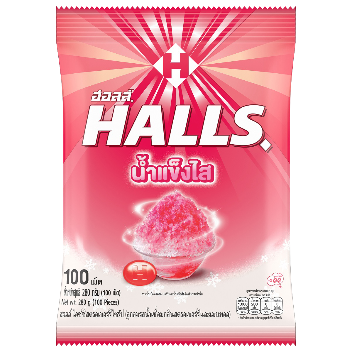 Halls Namkaengsai candy, a traditional confectionery snack with colorful wrapped candies in a clear container.
