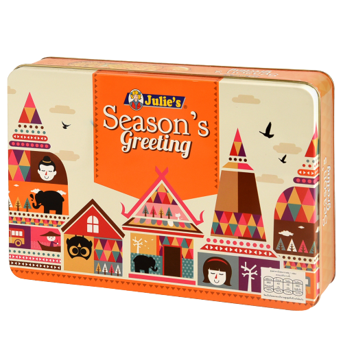 Assorted Julie's Season's Greetings biscuits in festive packaging, featuring a variety of confectionery snacks in colorful wrappers.
