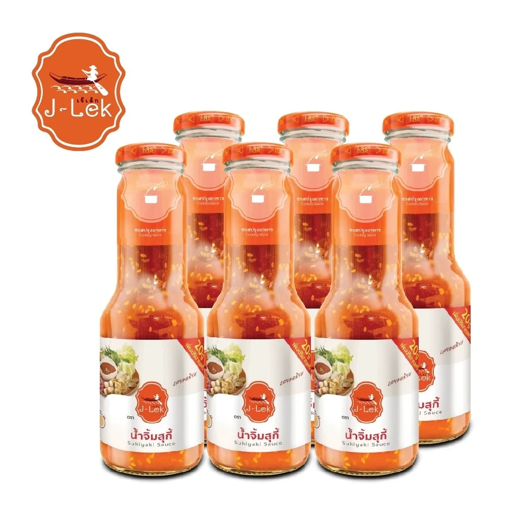 Six 350g glass bottles of J-LEK Jae Lek Suki Sauce in a dry grocery product image.