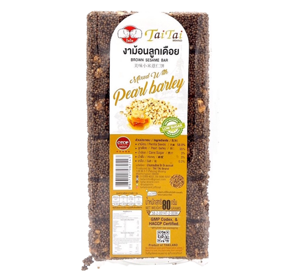 Tai Tai brown sesame and pearl barley bakery bar with a textured surface, showcasing a chewy, nutty snack.