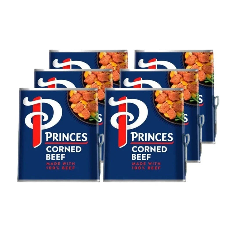 Six cans of Princes Corned Beef made with 100% beef, 340g each, in a dry grocery product display.