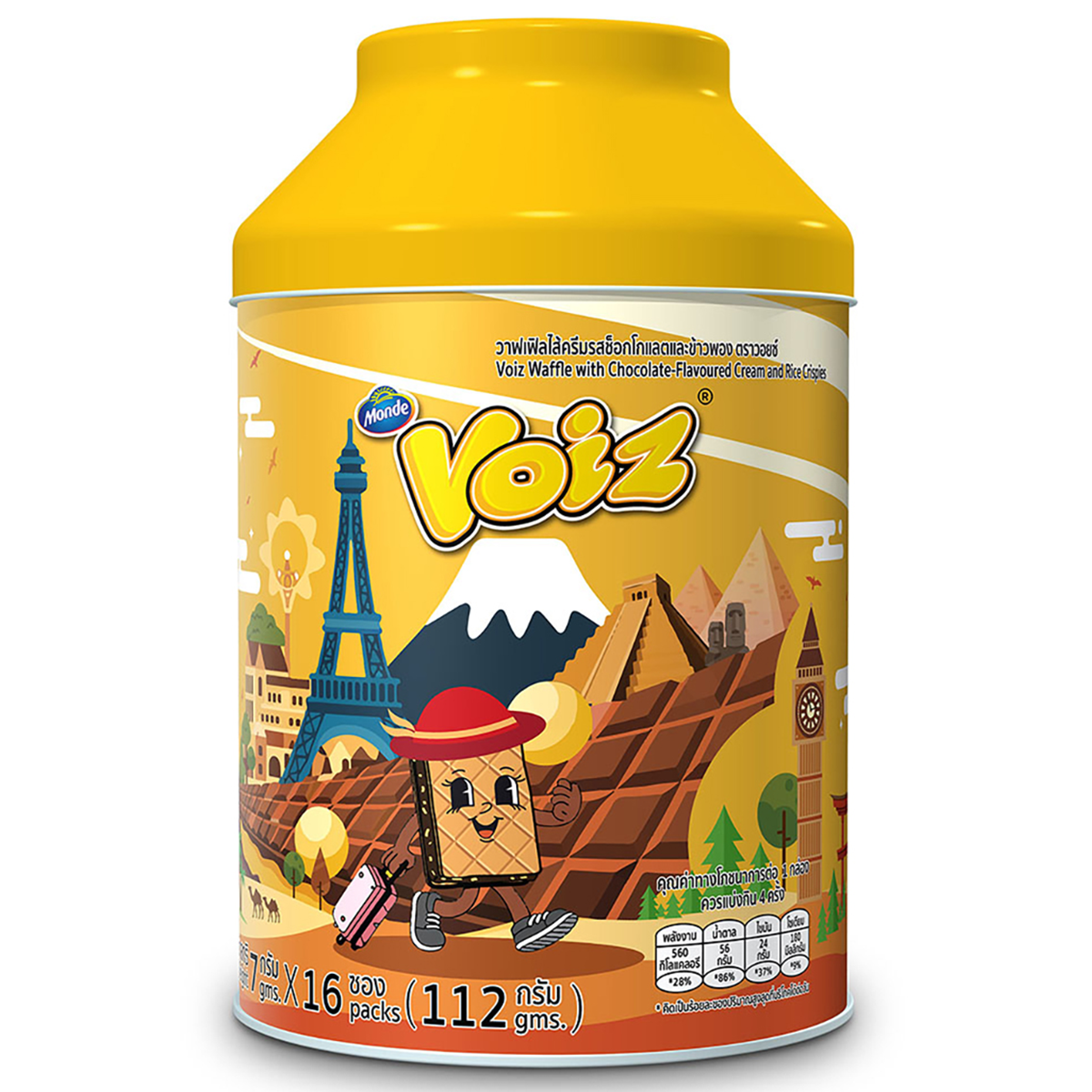 Voiz Waffle Choco Crispies in festive tin box, packed with crunchy chocolate-flavored confectionery snacks.
