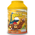 Voiz Waffle Choco Crispies in festive tin box, packed with crunchy chocolate-flavored confectionery snacks.