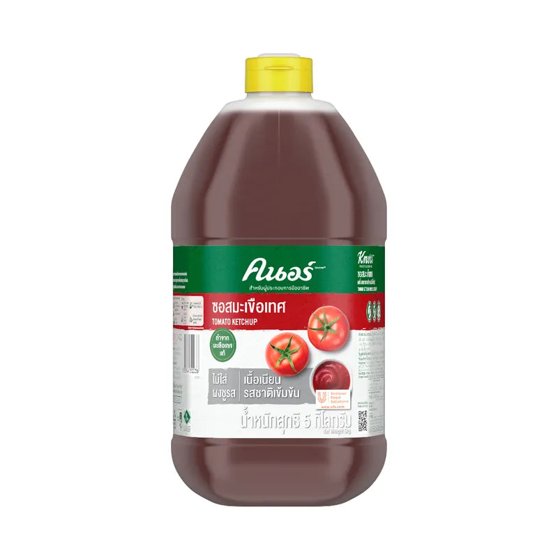 Knorr tomato sauce in a 5kg dry grocery package, featuring a red label and fresh tomato images on the container.