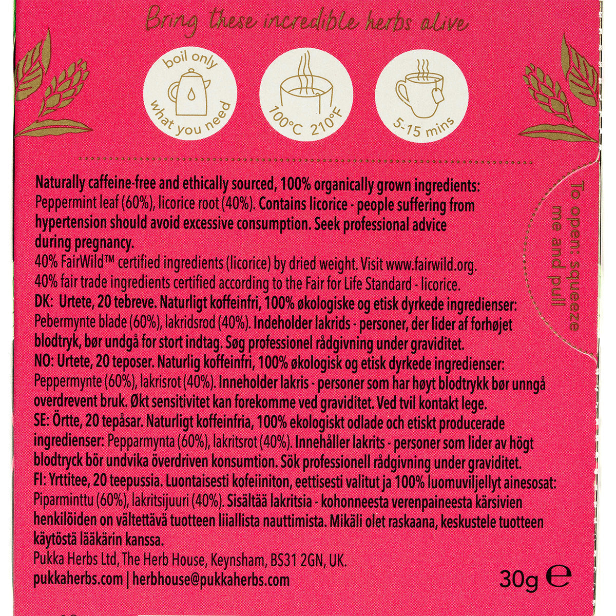 Pukka Peppermint and Licorice Tea Bags box with 20 caffeine-free herbal tea bags, showcasing the tea packaging and branding.