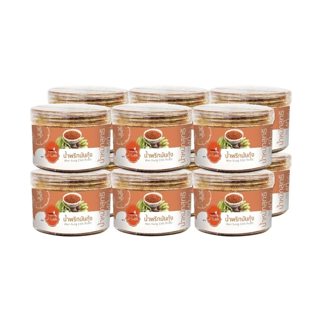 J-LEK Shrimp Chili Paste in a 40g plastic jar, dry grocery condiment with vibrant red chili and shrimp ingredients.